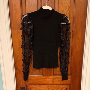 Tight Black Top with Sheer Floral Sleeves